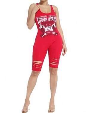 NEW JNK always hustle distressed stretch cotton tank romper in red